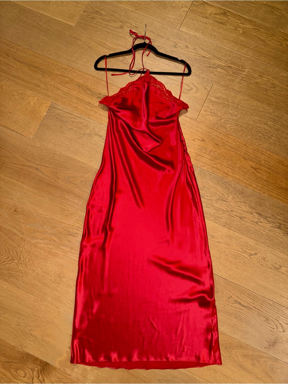 Reformation Aara Red Silk Midi Slip Dress with Lace Trim